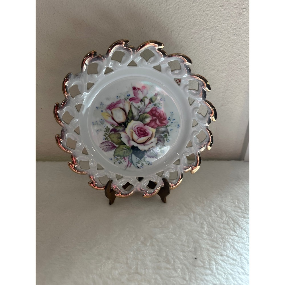 Vintage Reticulated Porcelain Floral Plate Gold Gilt Lattice Edge Pink Roses 6"